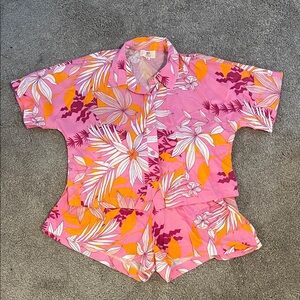Vibrant Floral Pink and Orange Shirt and Shorts Set